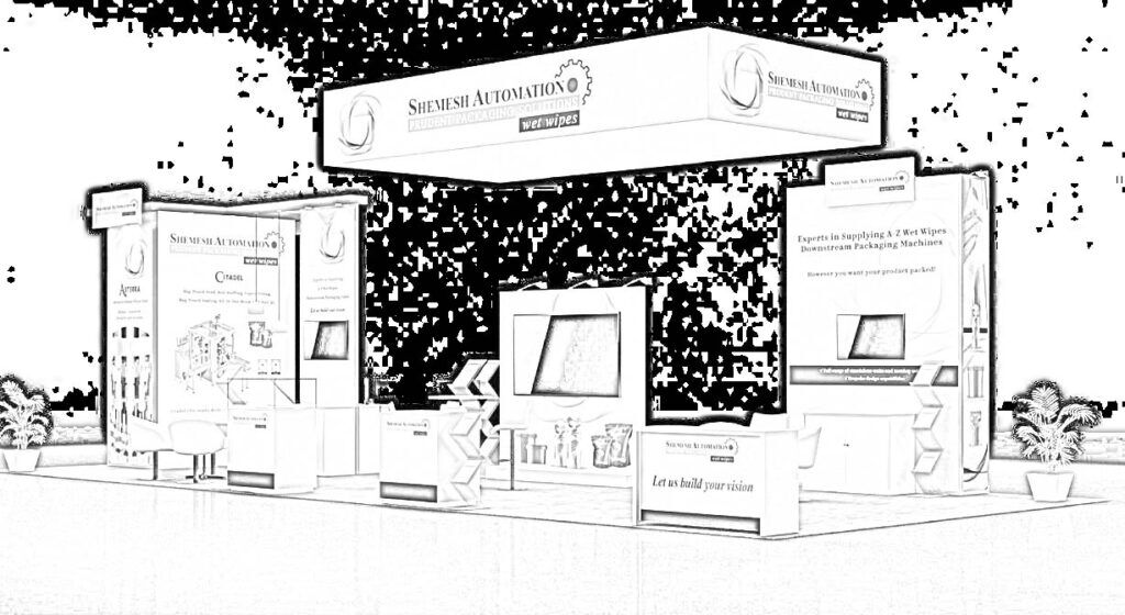 Shemesh Automation concept sketch: a suspended sign above information panels, display equipment and a counter