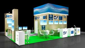 Kozut 3D rendering: an overhead frame supported by tall display columns around an open meeting area