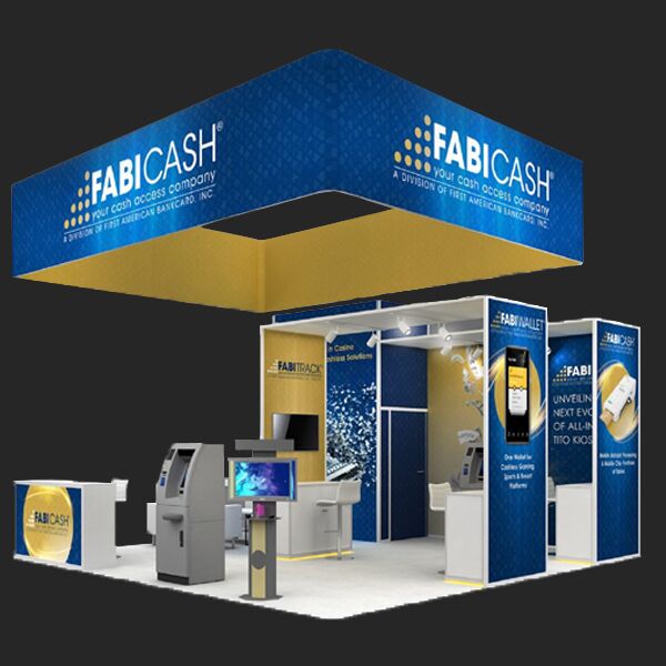 FabiCash booth rendering with a blue overhead sign, demonstration stations and a reception counter