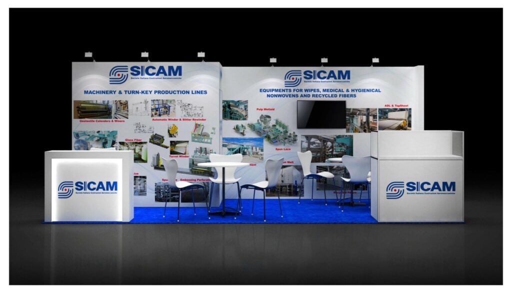 SICAM 3D rendering: a wide graphic wall beneath a long overhead sign with display counters