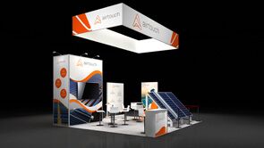 Airtouch Solar 3D rendering: a suspended angular sign above tilted solar panels and demonstration tables