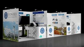 Yonsei 3D rendering: a corner display wall with graphic panels, seating and a reception counter