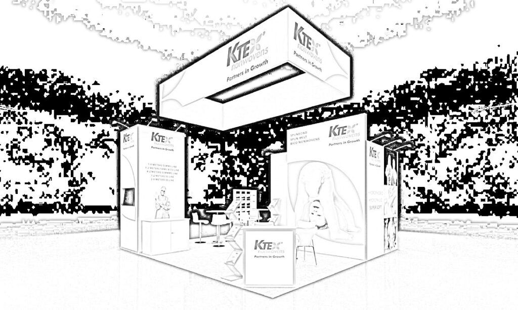 KTEX Nonwovens concept sketch: a rectangular hanging sign above tall botanical graphics and a reception desk