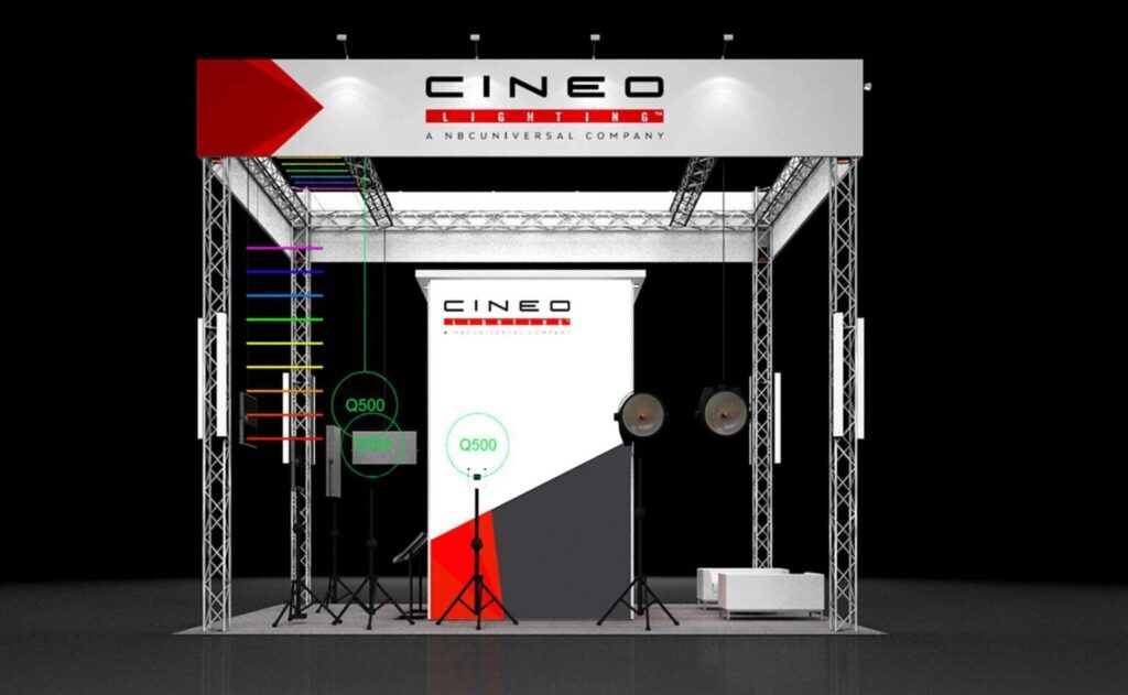 Cineo Lighting 3D rendering: an open square truss structure with mounted lighting equipment