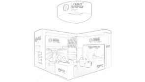 World Gasket Ellegi concept sketch: a circular hanging sign above product shelving and display counters