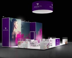 Purple beauty-products booth with a circular hanging sign, a large portrait graphic and illuminated display counters.