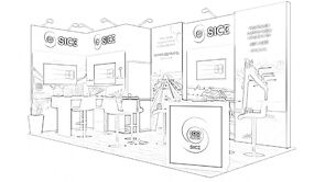 SICE concept sketch: three tall display panels with screens, counters and café tables