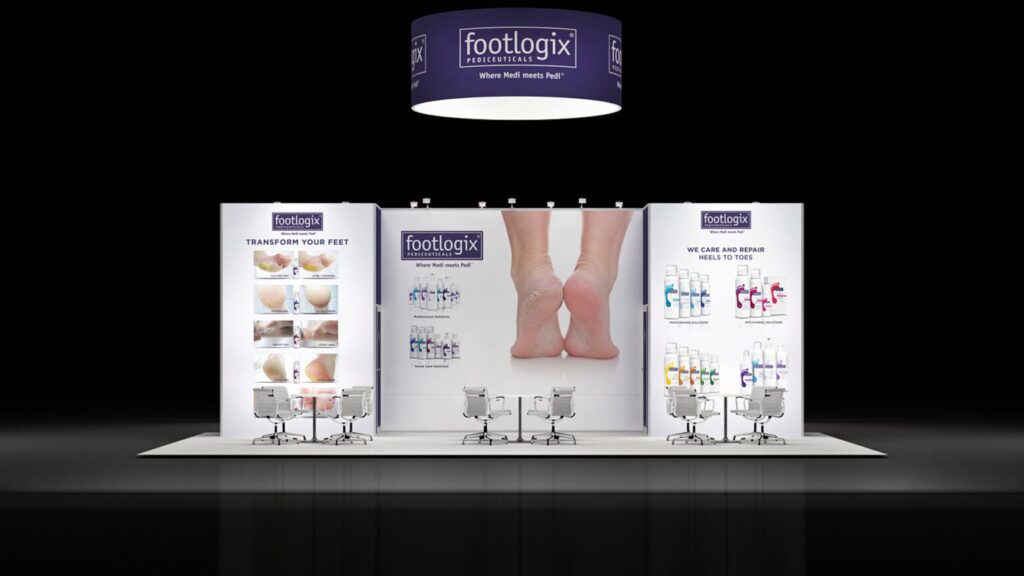 Footlogix 3D rendering: a circular hanging sign above product shelves, posters and a seating area