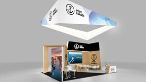 Port Gdansk 3D rendering: a large rectangular hanging sign above graphic panels and display counters