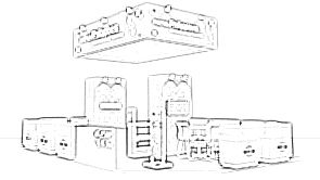 Philippines Pavilion (CITEM) concept sketch: a suspended rectangular sign above product displays and reception counters