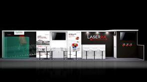 Laserax 3D rendering: a screen in the back wall above display counters and meeting tables