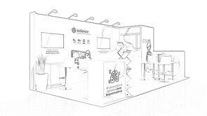 AIDENCE concept sketch: an angular overhead frame surrounding product shelves and a reception counter