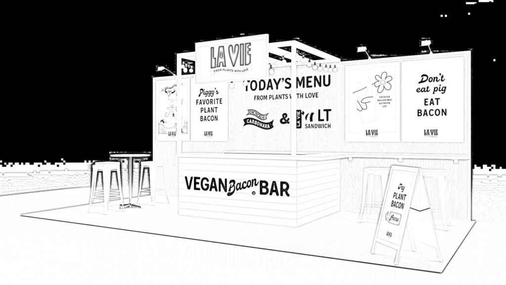 Lavie Foods concept sketch: an angled café-style header above a front service counter and menu graphics