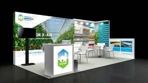 Dalsem 3D rendering: a greenhouse graphic back wall behind a reception counter and meeting area