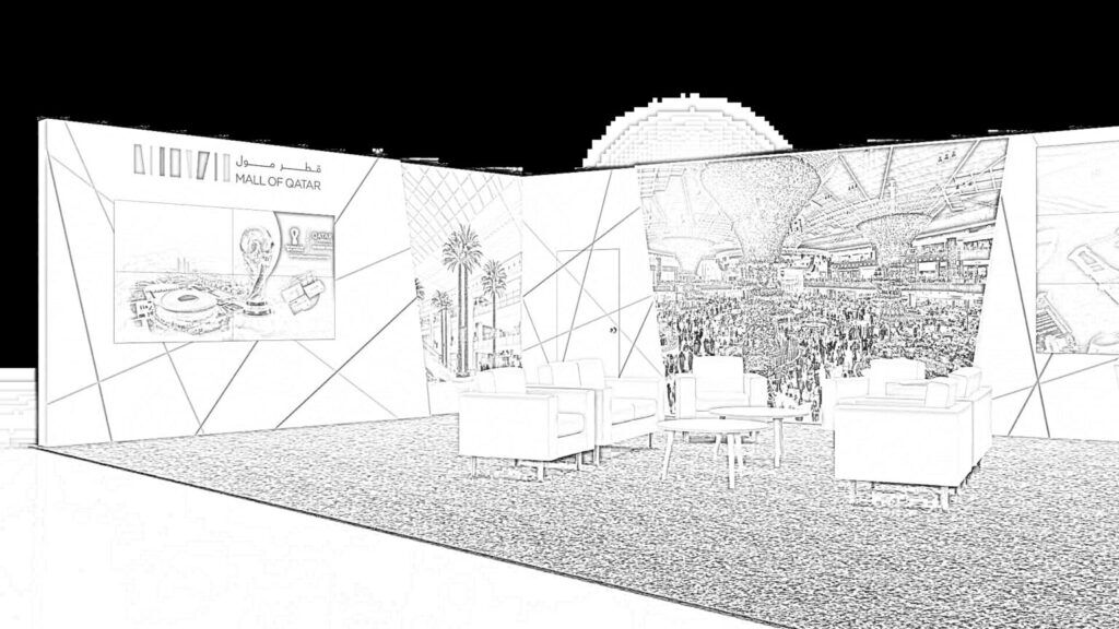 Mall of Qatar concept sketch: a panoramic wall of mall photographs surrounding lounge seating