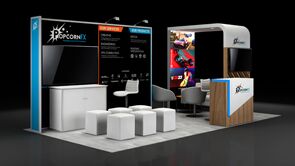 Popcorn FX 3D rendering: a corner graphic wall with a reception counter, low tables and cube stools