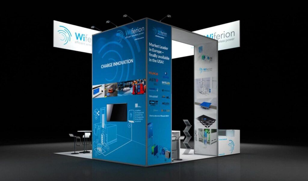 Wiferion 3D rendering: an angular hanging sign above a tall central tower and product counters