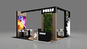Puris 3D rendering: a rectangular overhead frame above product shelving and a reception desk