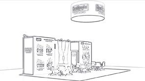 Footlogix concept sketch: a circular hanging sign above product shelves, graphic panels and seating