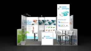 Perlen Packaging 3D rendering: a hanging sign above product-display panels, a counter and meeting chairs