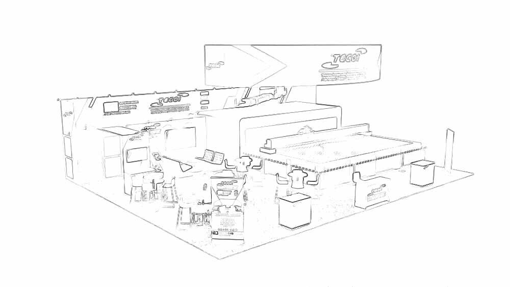 TECOI concept sketch: a large circular hanging sign above industrial demonstration equipment