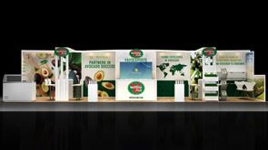 DMA 3D rendering: a long overhead frame above graphic panels and product-display stations
