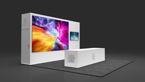 UI 3D rendering: a large video wall behind a long reception counter