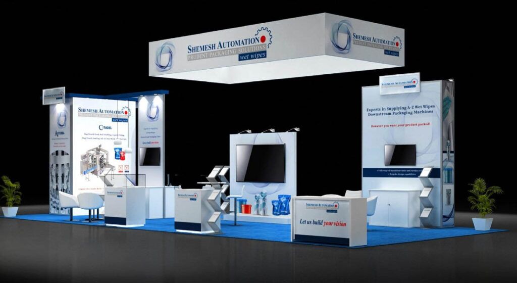 Shemesh Automation 3D rendering: a suspended sign above information panels, display equipment and a counter