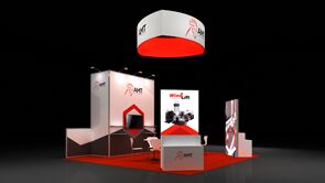 AMT 3D rendering: a circular hanging sign above product displays and reception counters