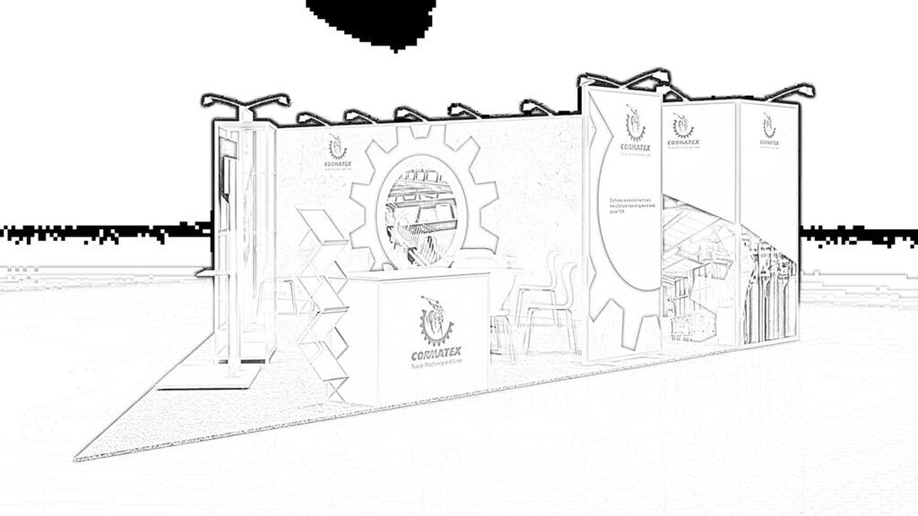 Cormatex concept sketch: a wide graphic back wall behind a reception counter and meeting area