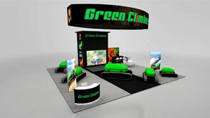 Green Climber 3D rendering: a circular hanging sign above an open floor displaying compact tracked machines