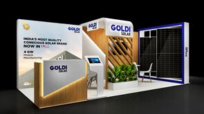 Goldi Solar 3D rendering: an angled graphic wall beside a solar-panel display and reception counter