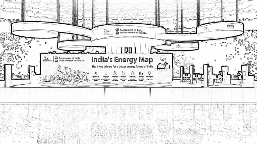 IOCL concept sketch: large circular hanging structures above an energy-map graphic and display counters