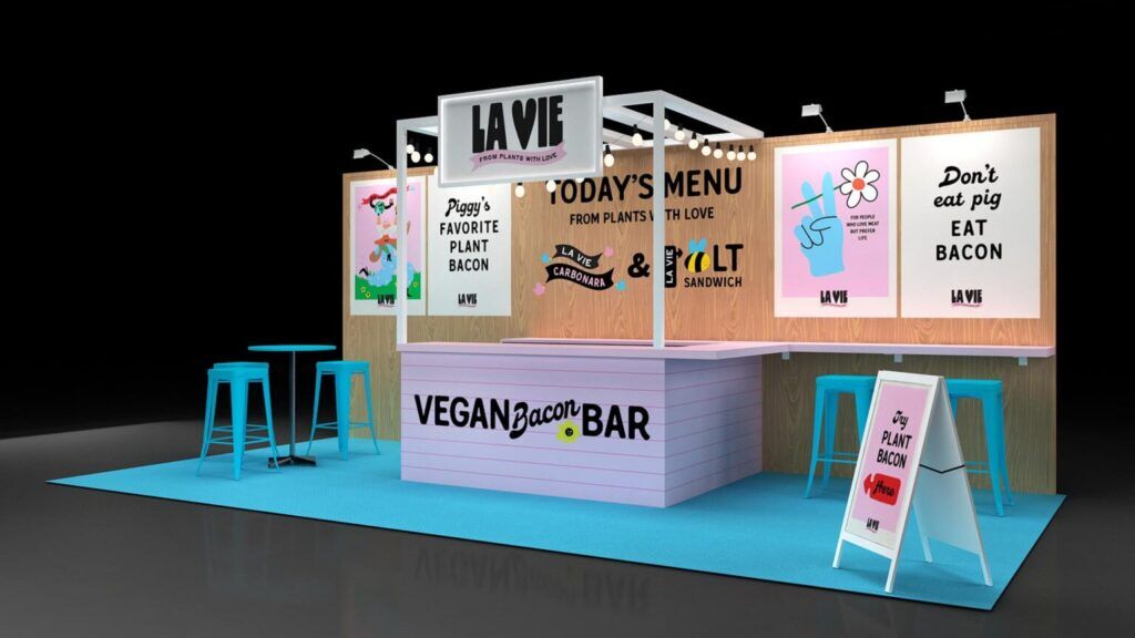 Lavie Foods 3D rendering: an angled café-style header above a front service counter and menu graphics