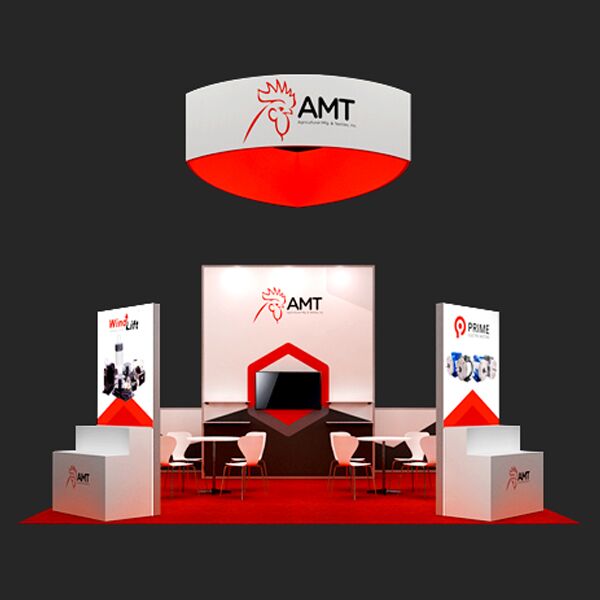 AMT booth rendering with a circular hanging sign, red carpet and product displays