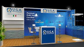 UGA Nutraceuticals 3D rendering: a graphic back wall between slatted display panels, with a counter and table