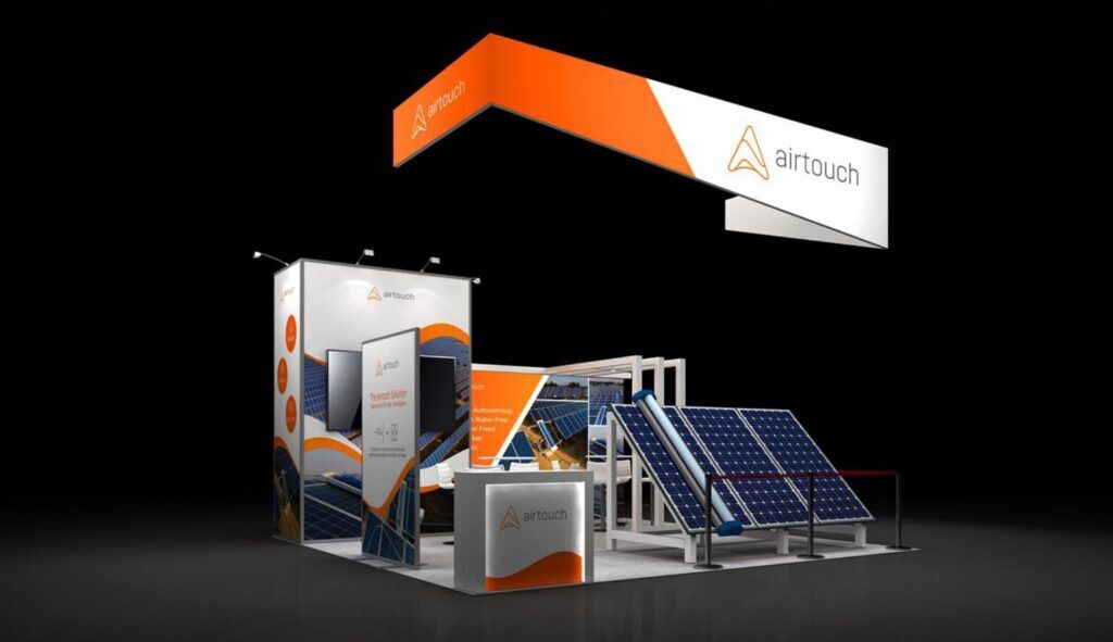 Airtouch Solar 3D rendering: an angular hanging sign above a tilted solar-panel demonstration