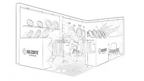Sulcorte concept sketch: circular saw-blade displays on the back wall above a counter and meeting table