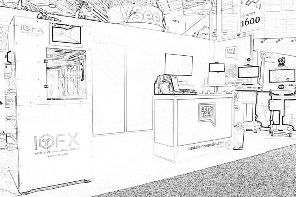 Let’s Talk Interactive concept sketch: a screen in a broad display wall behind an angular reception counter