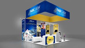 Fabicash 3D rendering: a rectangular hanging sign above demonstration stations and reception counters