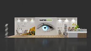Ennature Biopharma 3D rendering: a wide graphic back wall behind product displays and meeting tables