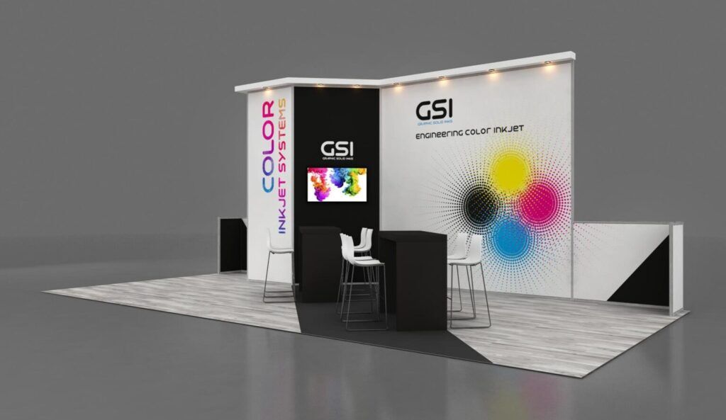 GSI 3D rendering: a curved wall with circular graphics behind a reception counter and stools