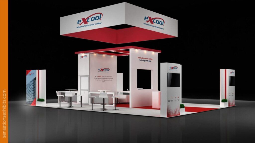 Excool 3D rendering: a rectangular canopy above multiple freestanding equipment cabinets