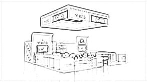 TFI Labs Inc concept sketch: a rectangular hanging sign above product counters and meeting tables