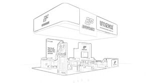 Effepharm concept sketch: a suspended box sign over a central tower and freestanding product stations