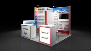 Eversparkles 3D rendering: a corner display with product shelves and compact reception counters