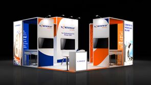 Northway Biotech 3D rendering: angled display walls around a screen, reception desk and meeting tables