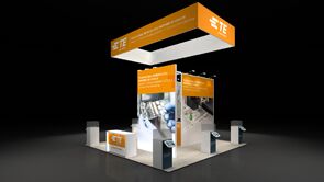 TE CONNECTIVITY 3D rendering: a rectangular hanging sign above a tall central product-display tower