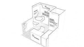 Ennature Biopharma concept sketch: a corner display with botanical graphics, product shelves and a counter