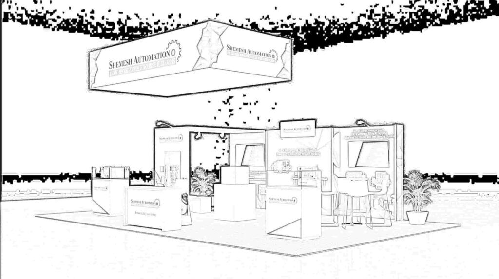 Shemesh Automation concept sketch: a rectangular hanging sign above information panels and a reception counter